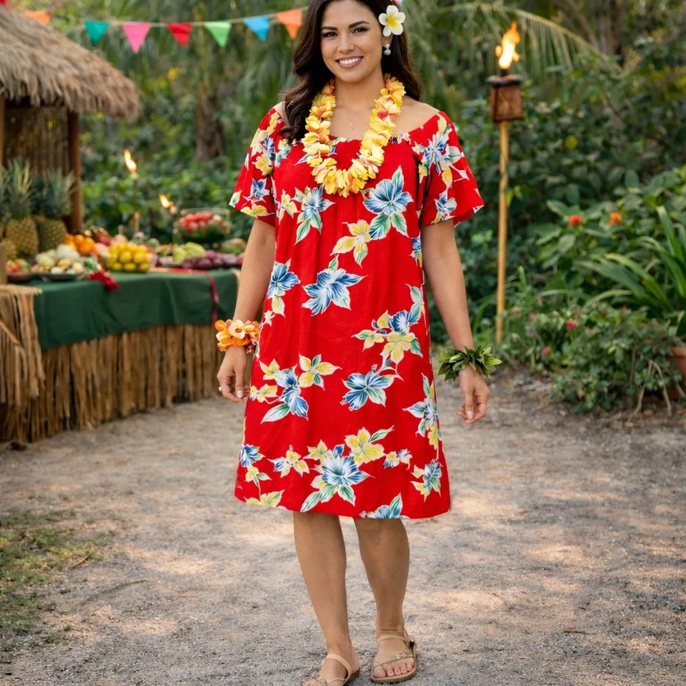 TRADITIONAL HAWAIIAN MUU-MUU FLORAL PRINT DRESS WITH POCKETS SIZE LARGE - Picture 1 of 7